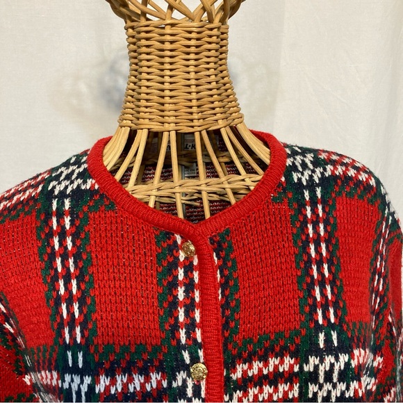 VINTAGE CRYSTAL-KOBE KNIT CARDIGAN SWEATER PLAID GOLD BUTTONS POCKETS SIZE MED - Picture 2 of 10
